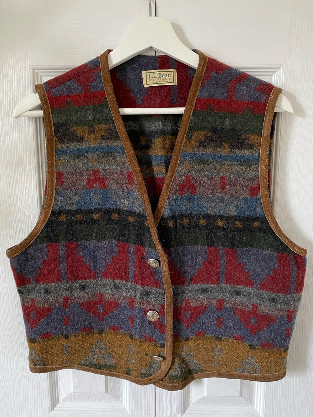 L.L. Bean Vintage Navajo Blanket Inspired Wool Vest Buffalo Nickel Button Medium